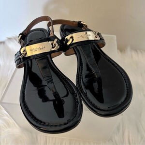 COACH Caterine Patent Black & Gold Flat Thong Strap Sandals Womens Size 6.5